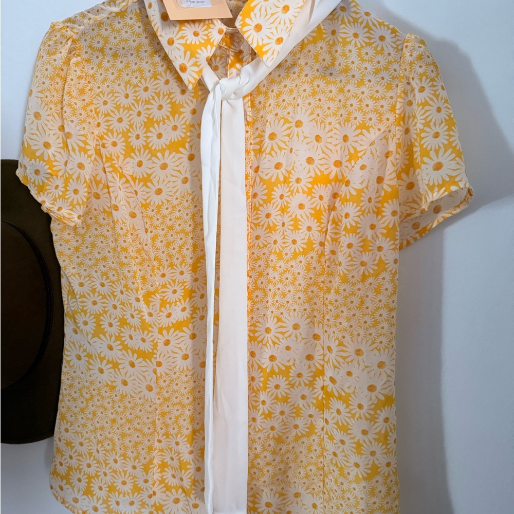 Unique Vintage Sheer Yellow Floral Blouse with Cream Tie